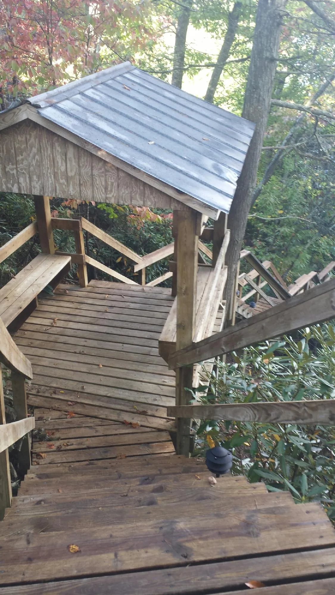 Metal roofed shelter over wooden steps on a wooded walkway — Skylight Repair & Installation work by our crew in Midvale